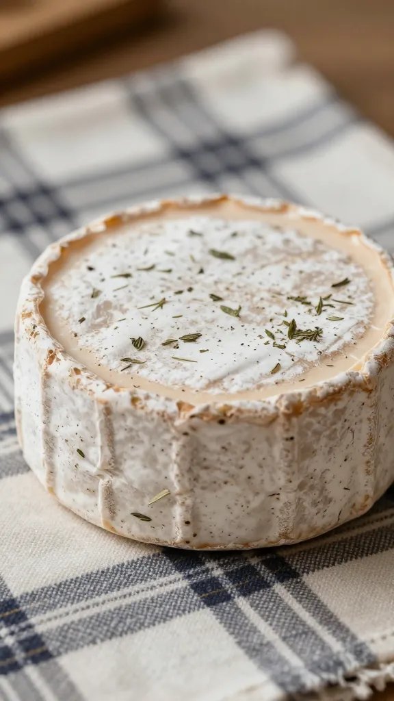 closeup of a single artisanal cheese wheel with herbs on a plaid blanket