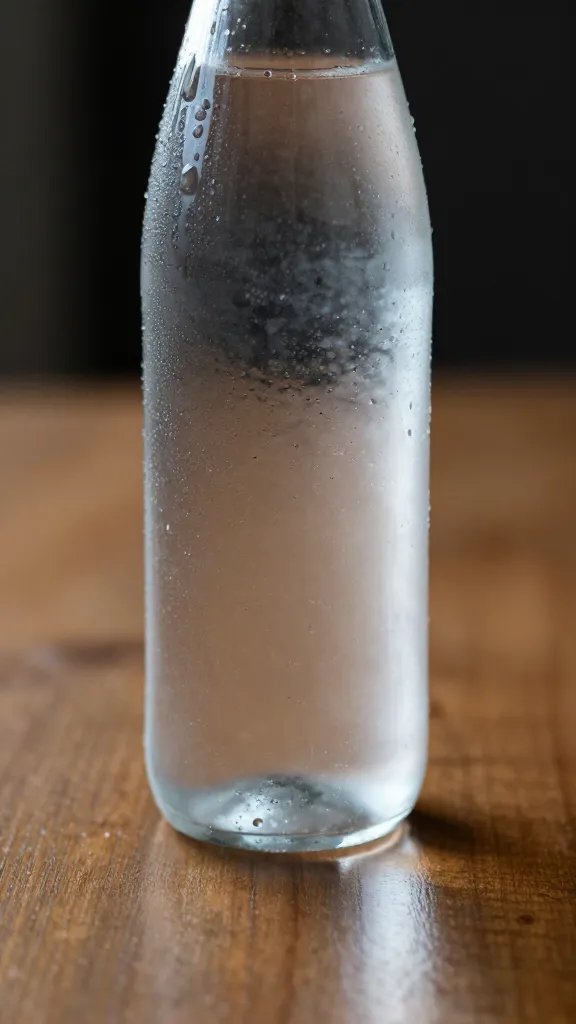 closeup of a lone crystal water bottle with condensation on wood table