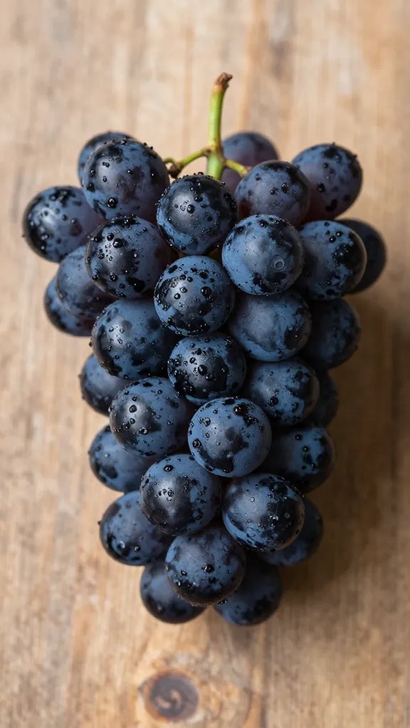 closeup of a single charred grape cluster on a rustic wooden board
