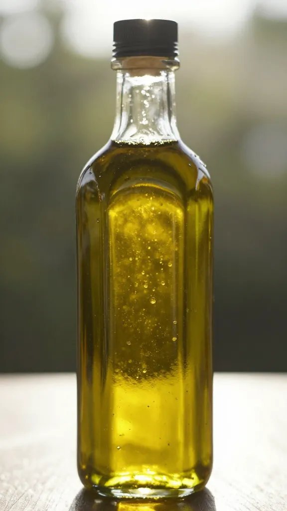 closeup of a single olive oil glass bottle with sunlight flare