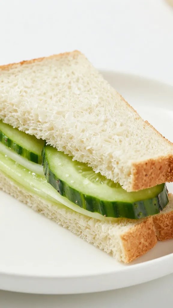 closeup of a single cucumber sandwich half on white china