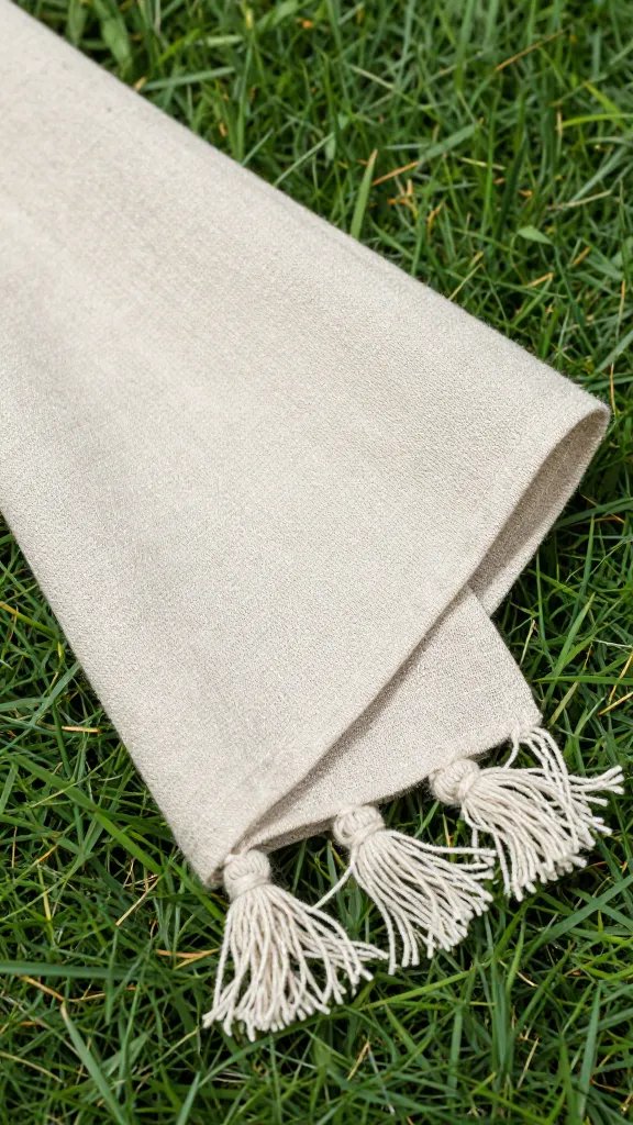 closeup of a single linen napkin with tassel on grass
