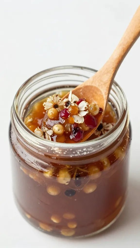 closeup of a single jam jar with fruit bloom and wooden spoon
