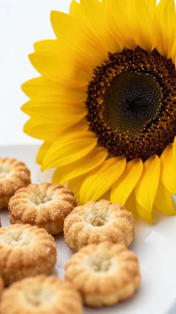 closeup of a single sunflower placed beside a plate of bites