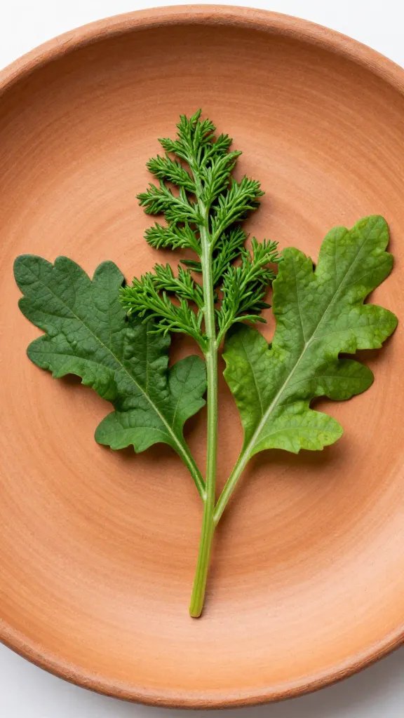 closeup of a single terracotta plate with vibrant greens and herbs