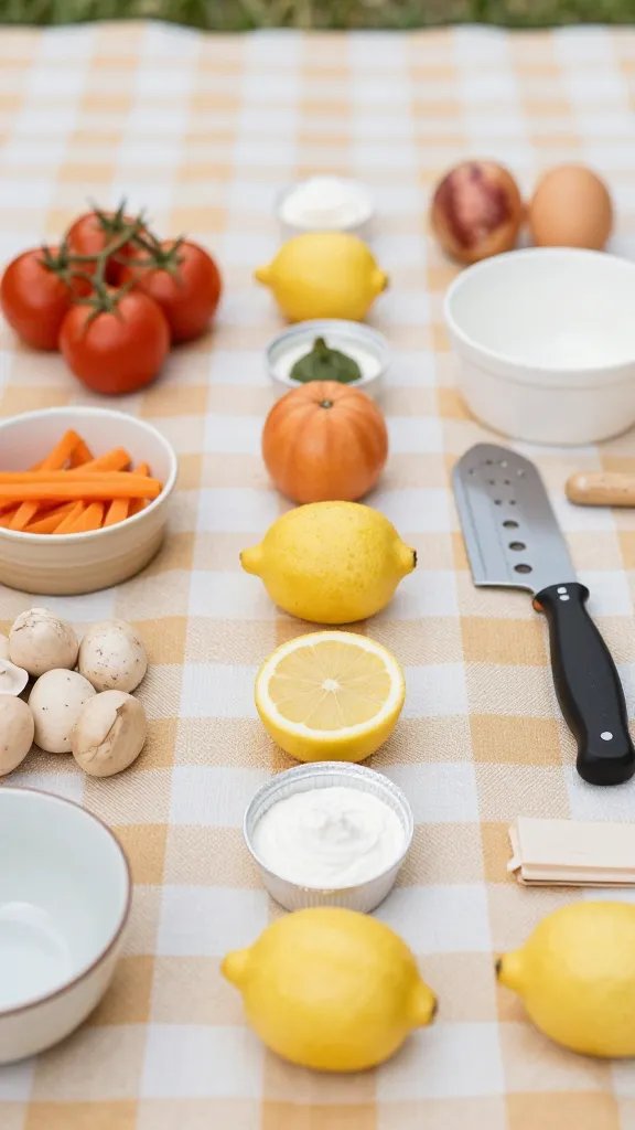 closeup of mise en place items arranged neatly on picnic blanket