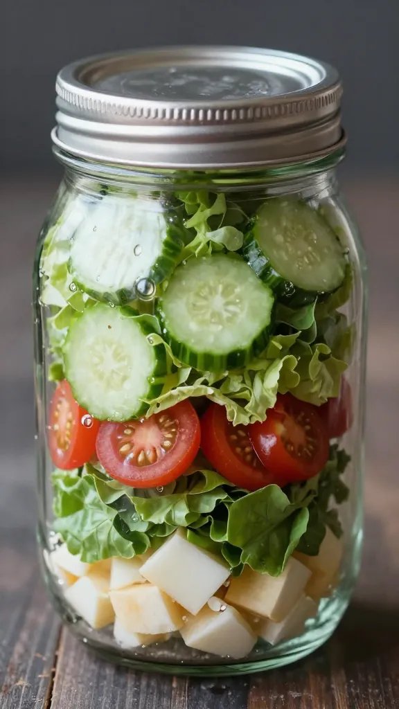 closeup of a single mason jar with salad components in layers