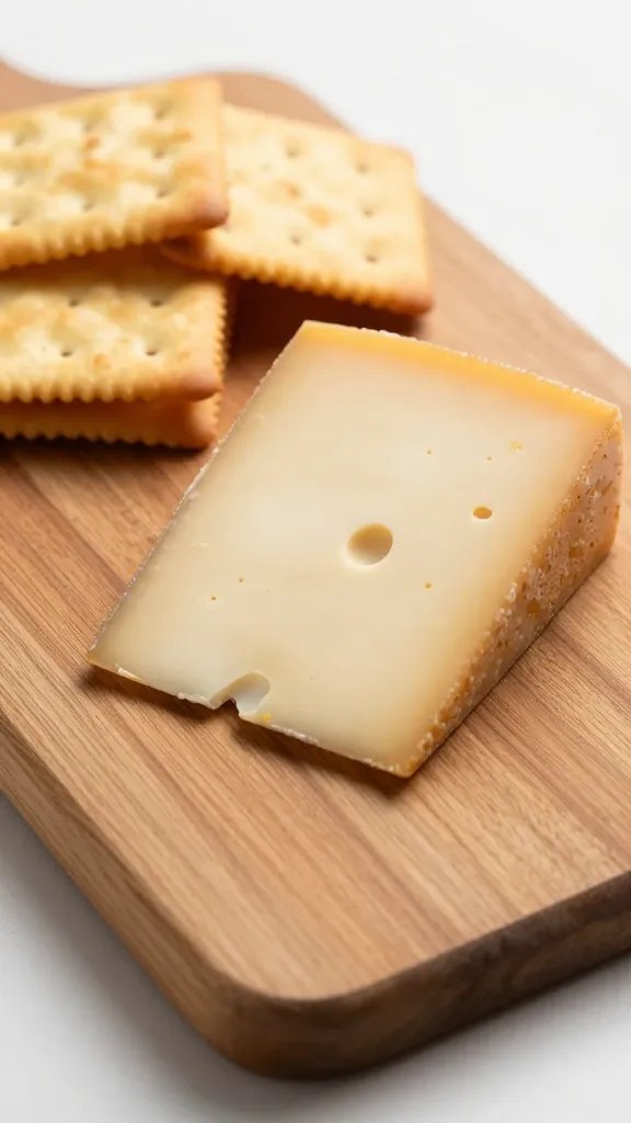 closeup of a single wooden cutting board with cheese and crackers