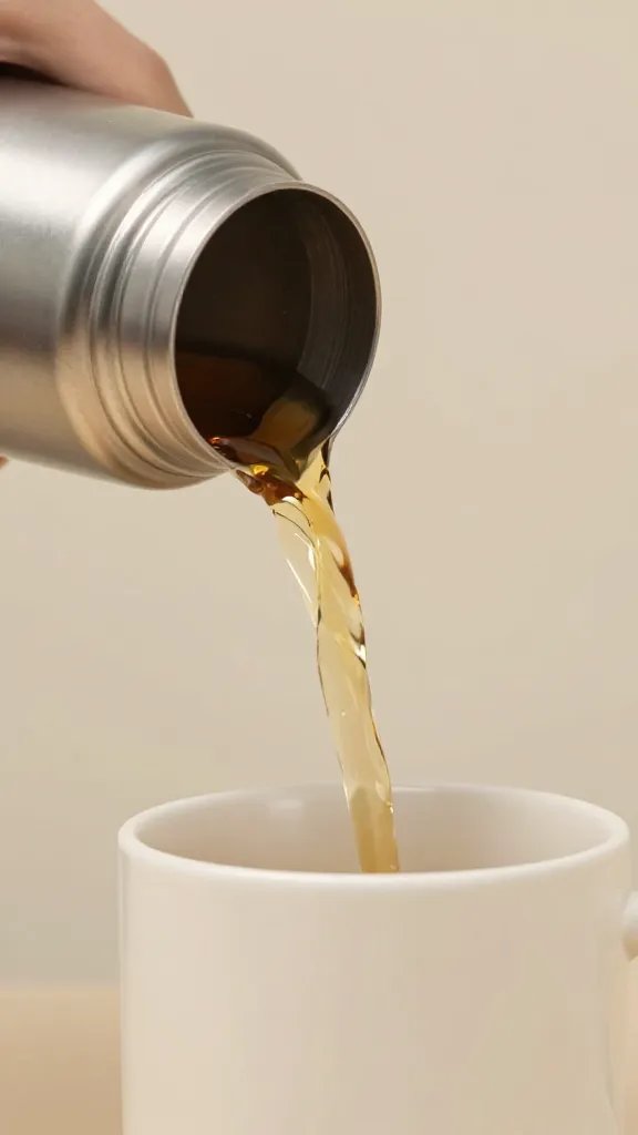 closeup of a single thermos pouring hot beverage into cup