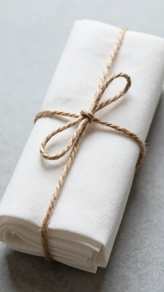 closeup of a single wrapped napkin bundle tied with twine