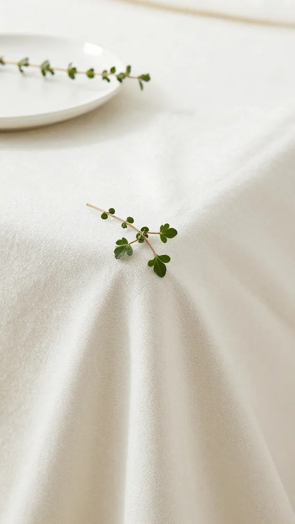 closeup of a single blanket corner with herb sprigs and plate set