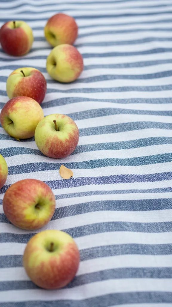closeup of a striped picnic blanket edge with fallen apples