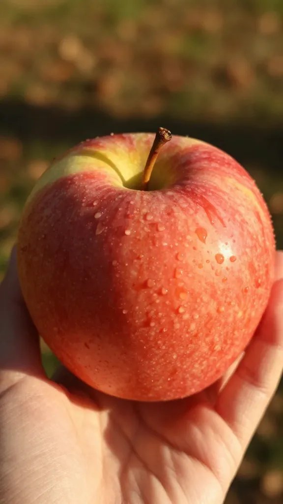 closeup of a single apple held in autumn sunlight