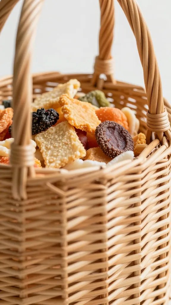 closeup of a wicker tote with dry snacks peeking out