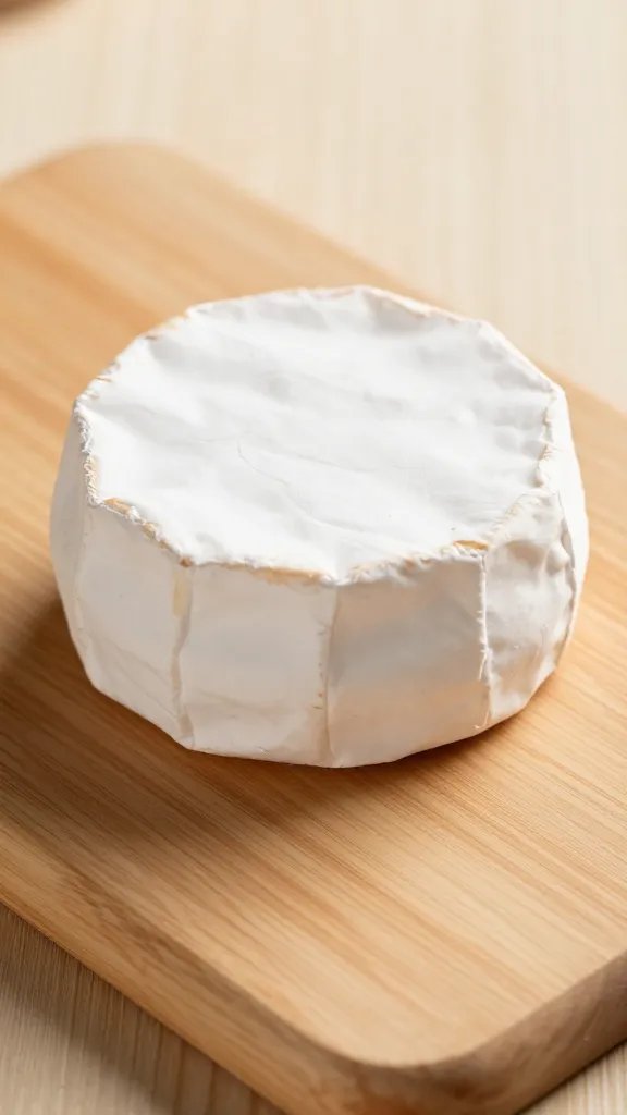 closeup of a small cheese wheel on a wooden board