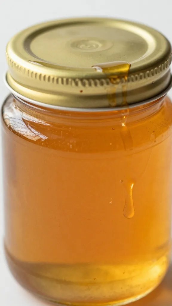 closeup of a single honey jar with drizzle on lid