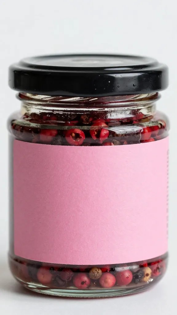 closeup of a small jam jar with pink peppercorn label