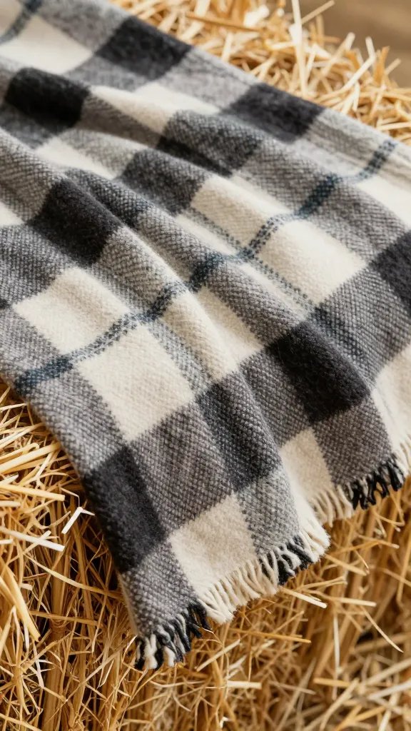 closeup of plaid blanket draped over hay bale edge