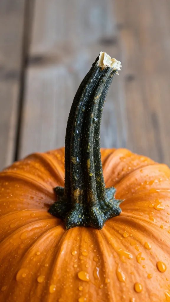 closeup of pumpkin stem with dew drops on rustic table