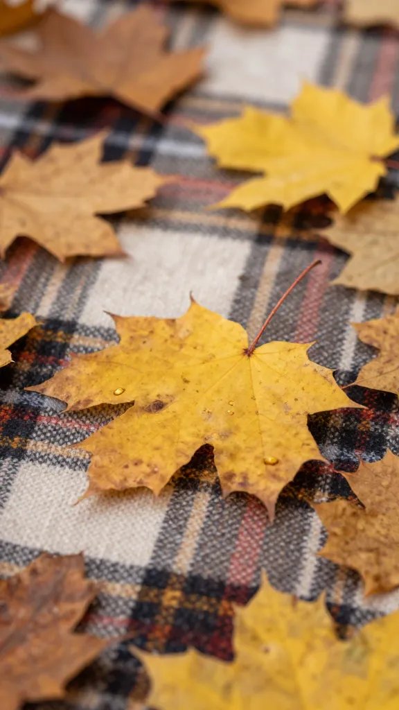 macro shot of autumn leaves scattered on plaid throw