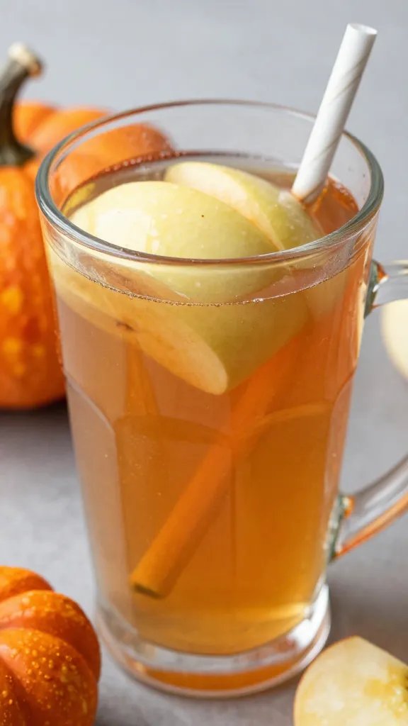 closeup of warm apple cider mug with pumpkin décor