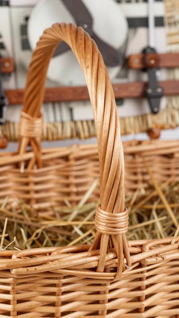 closeup of wicker picnic basket handle against hay
