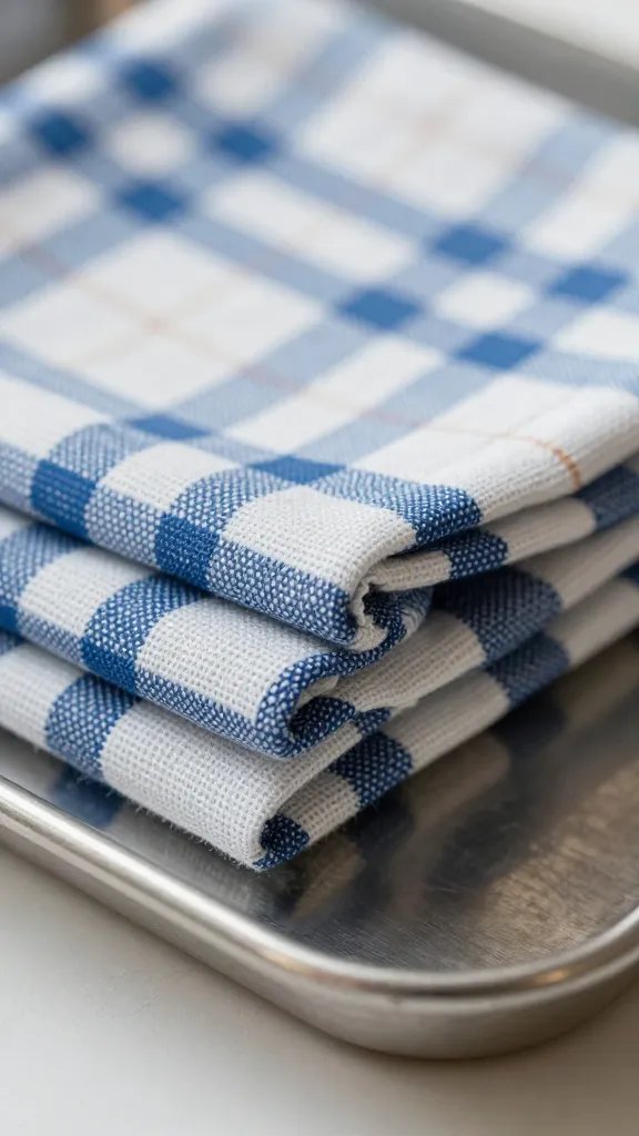 macro shot of plaid napkin folds on metal tray