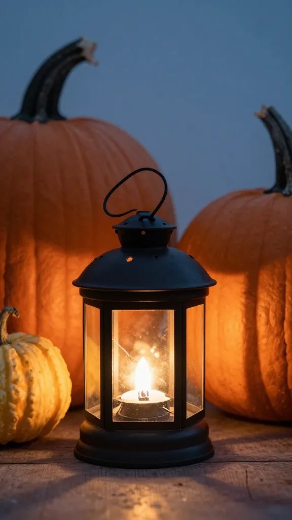closeup of small lantern glow beside pumpkins at dusk