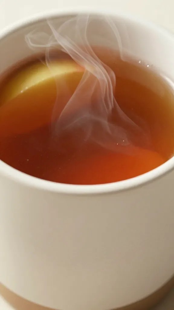 closeup of a ceramic mug steaming with warm apple cider