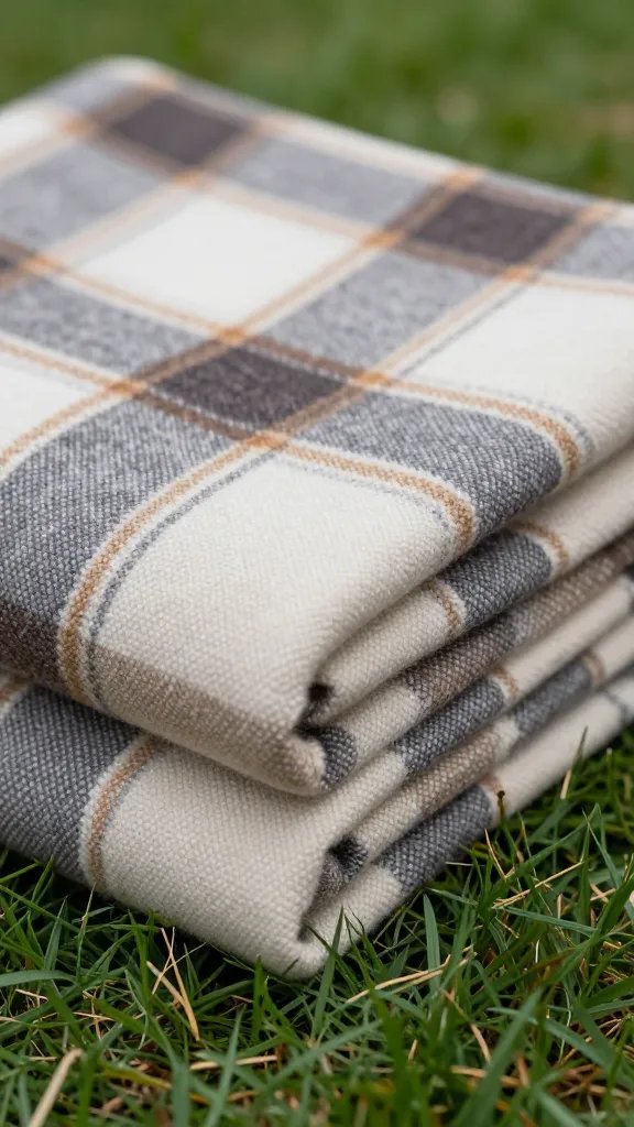 closeup of a neatly folded plaid blanket texture on grass
