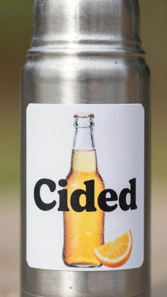 closeup of a reusable thermos with cider label and condensation