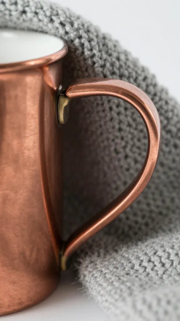 closeup of a copper-toned mug handle against wool scarf