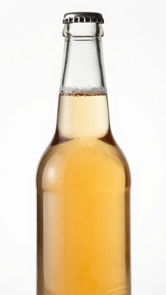 closeup of a single cider bottle with amber liquid