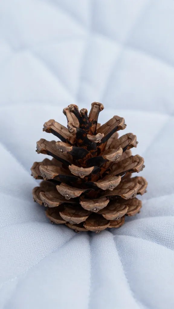closeup of a single fall pinecone atop a quilted picnic blanket
