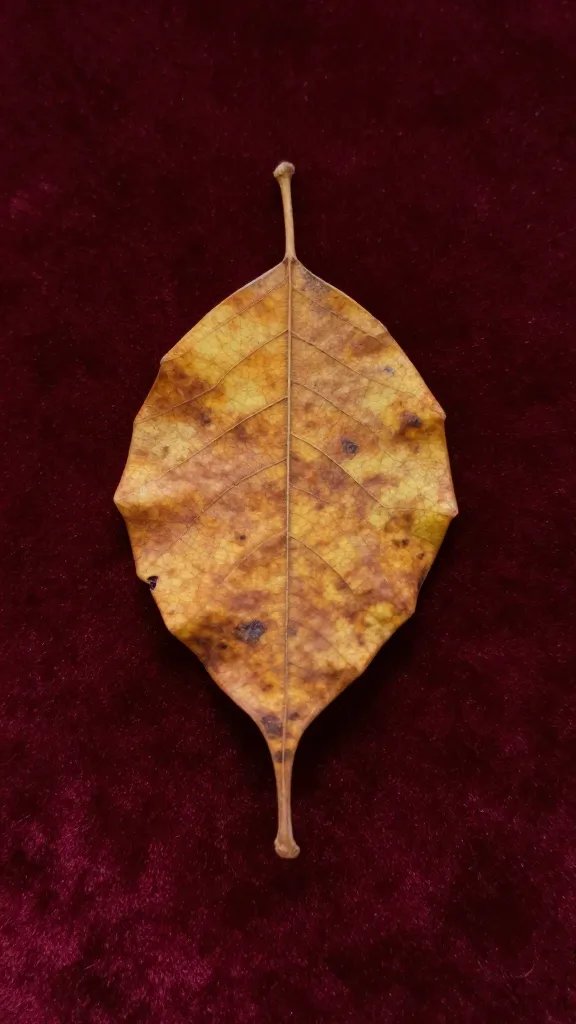 closeup of a single amber leaf on a velvet burgundy backdrop