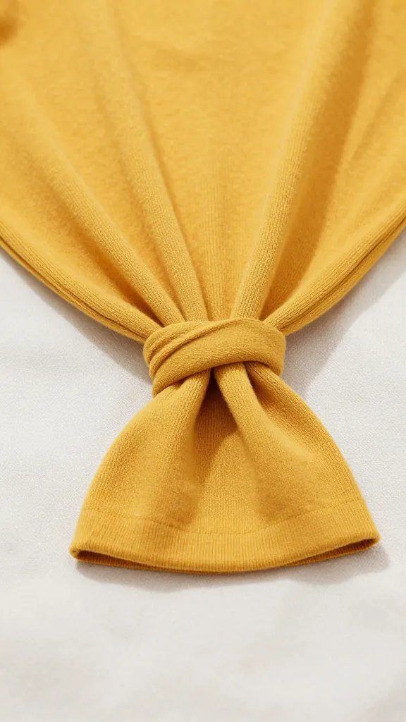 closeup of a lone mustard sweater knot on a picnic blanket