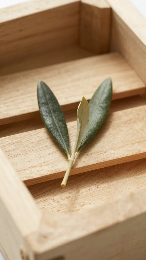 closeup of a single olive leaf resting on a wooden crate