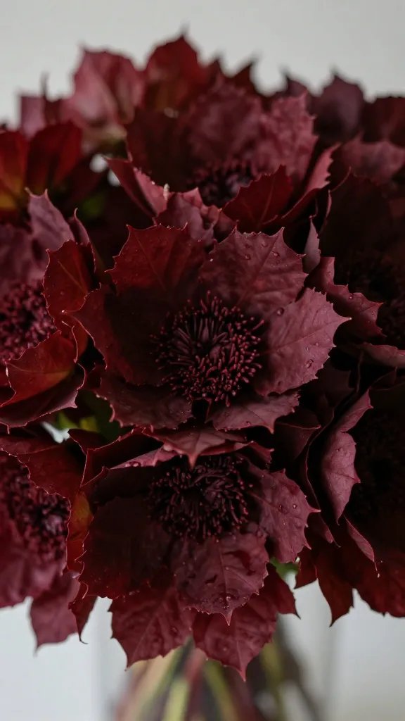 closeup of a burgundy autumn bouquet with a single sprig