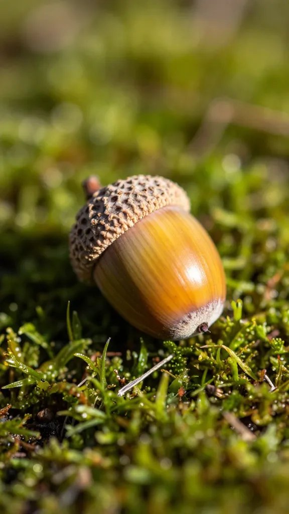 closeup of a single sunlit acorn on moss