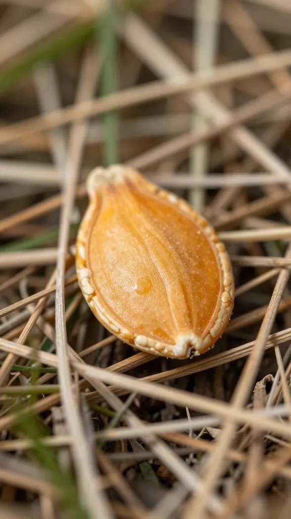 closeup of a single pumpkin seed on dried grass