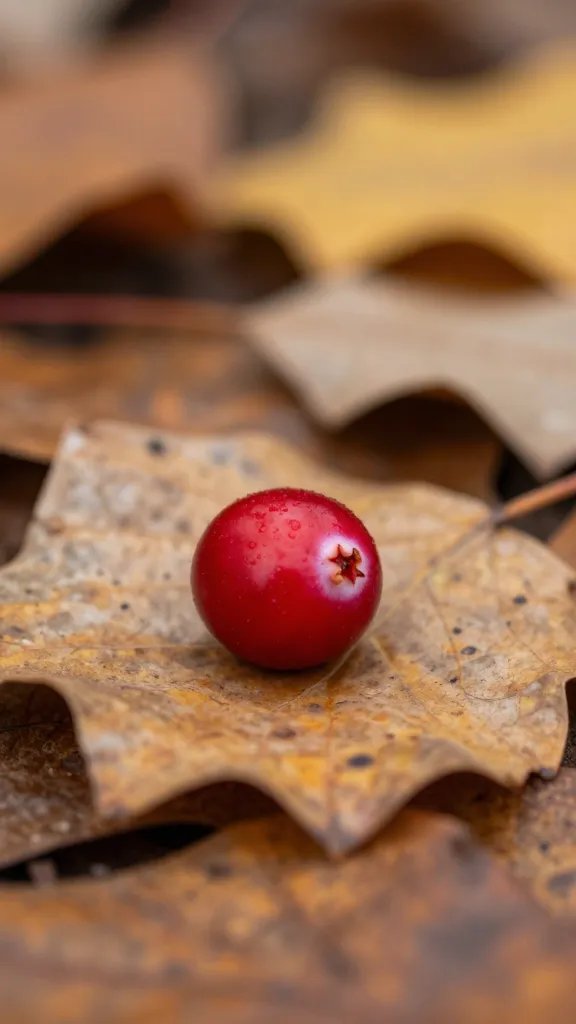 closeup of a single cranberry in fallen leaves