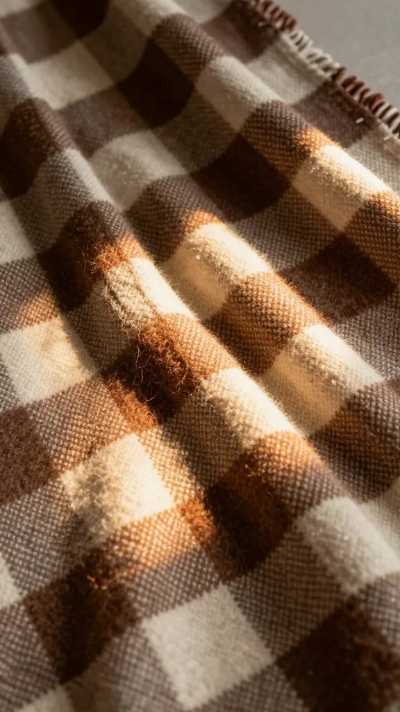 Closeup plaid wool blanket with amber sunbeam lighting