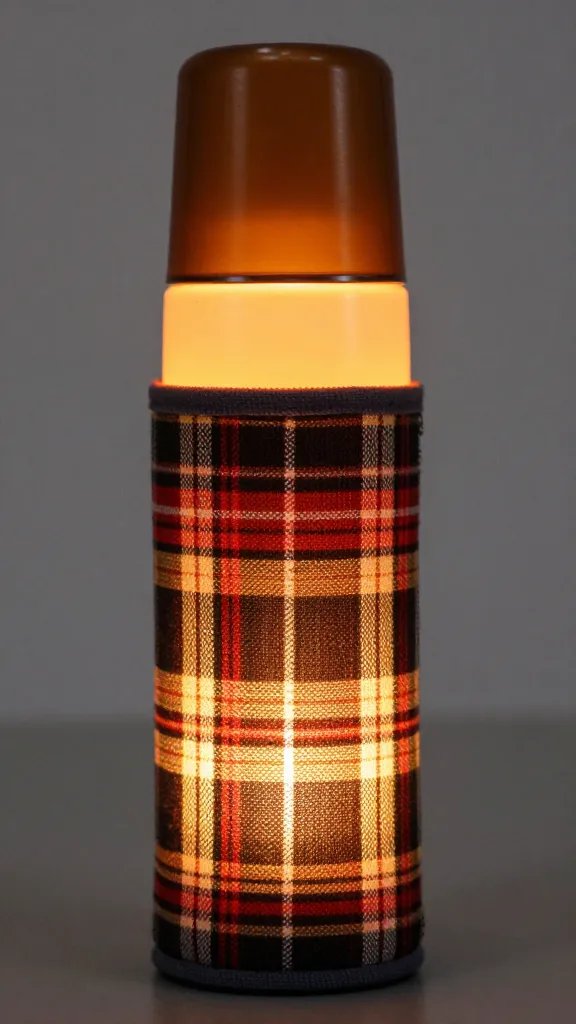 Closeup amber-glow thermos with plaid fabric wrap