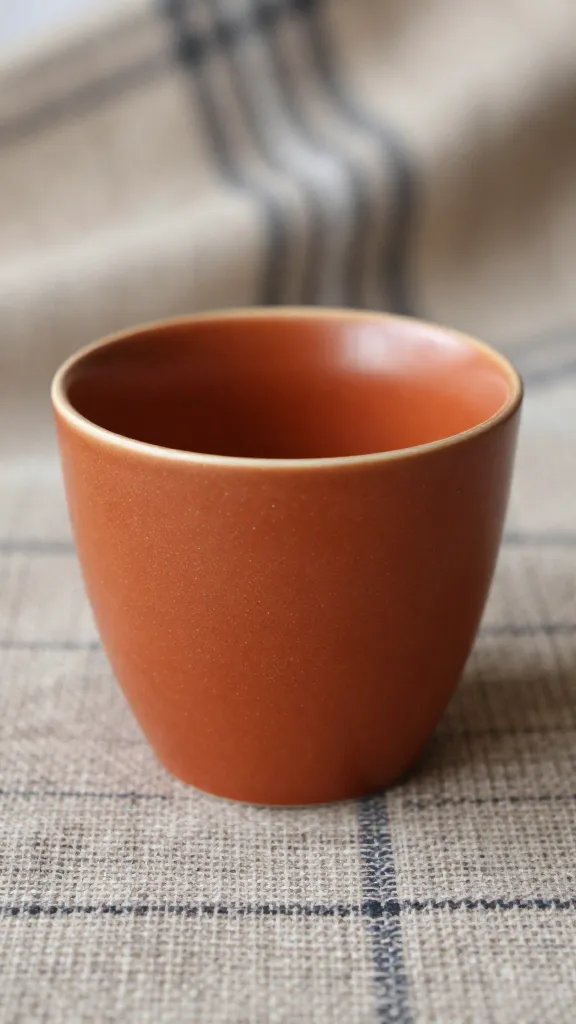 Closeup chestnut teacup against plaid throw texture