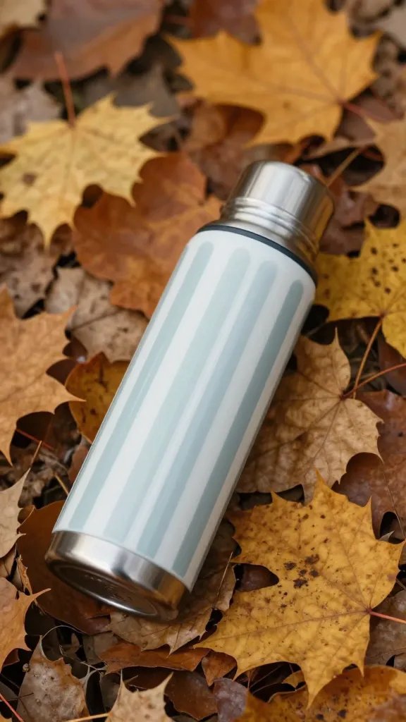 Closeup fall leaves resting beside a striped thermos