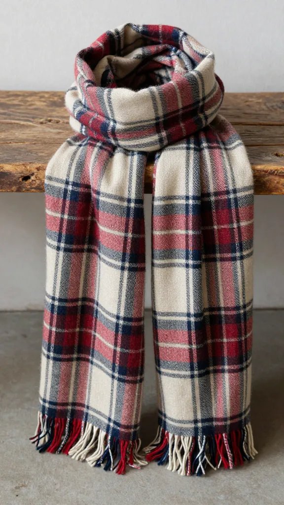 Closeup plaid scarf draped over rustic bench leg