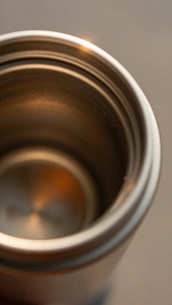 Closeup amber-tinged lens flare on thermos rim
