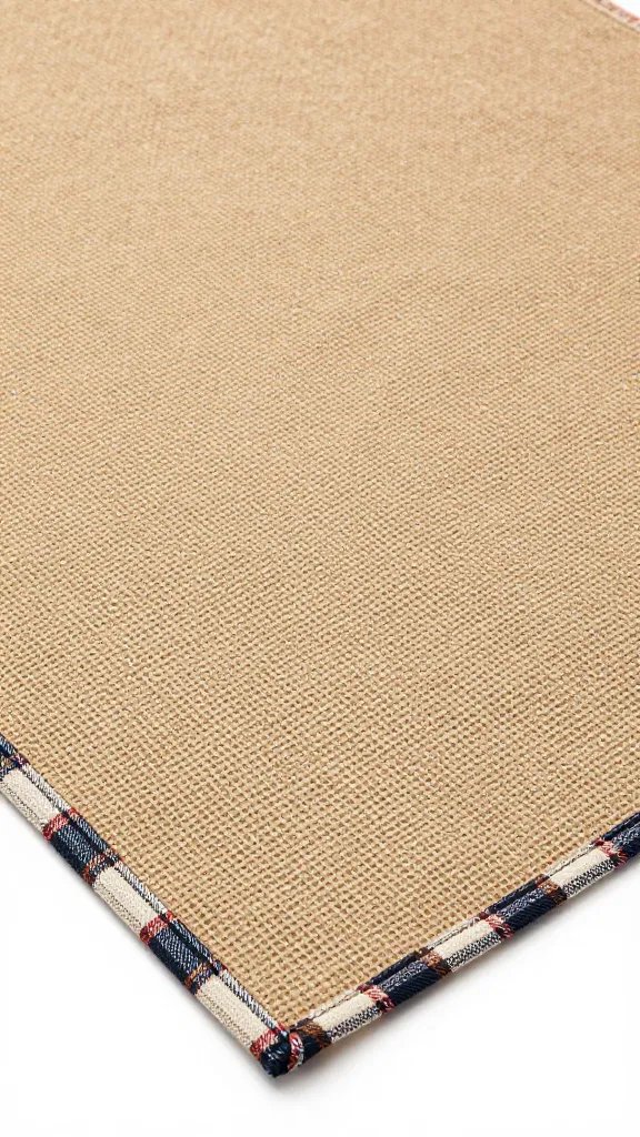 Closeup textured burlap table mat with plaid edge