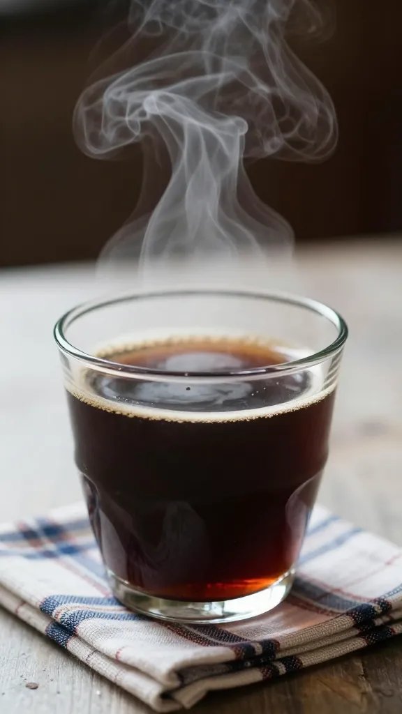 Closeup hot drink steam rising near plaid napkins