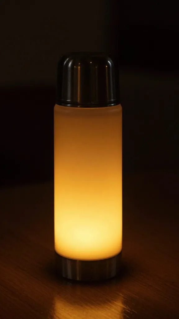 Closeup amber hour light on a single thermos centerpiece